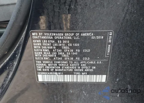 2019 Volkswagen Atlas 3.6L V6 Se z USA, uszkodzony, nr VIN 1V2DR2CAXKC551611